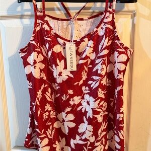 Red Floral Eyelet Tank Top by